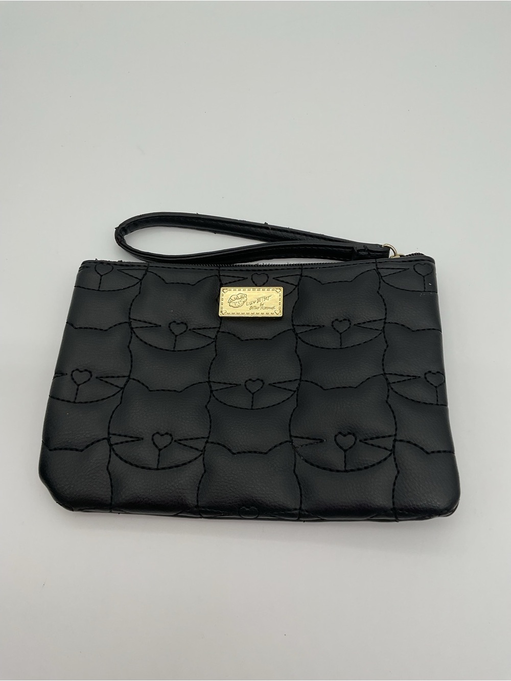 Betsey Johnson Chic Black Quilted Cat Face Faux Leather Wristlet